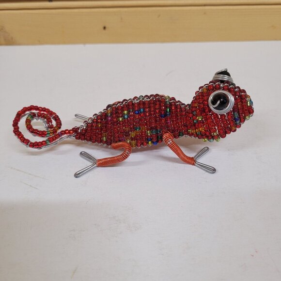 Red Beaded Wire Gecko Lizard Sculpture 5.5'' Long Chameleon Folk Are Figurine - Picture 8 of 8